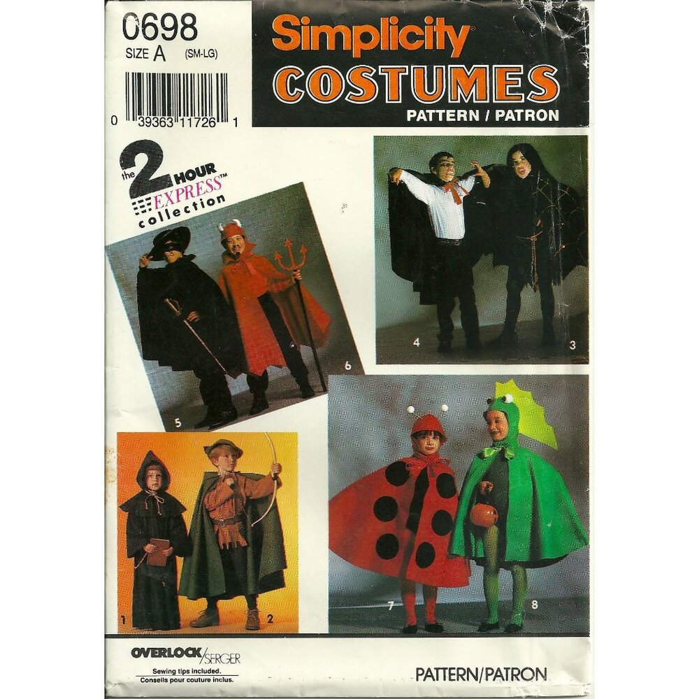 Simplicity 0698 7470 Child Size 3-8 Cape Costume Pattern Dracula, Elvira Uncut